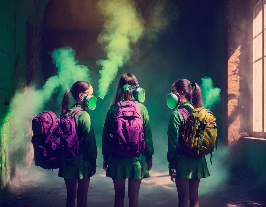 Three people in gas masks and school uniforms in abandoned building with green smoke.