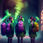 Three people in gas masks and school uniforms in abandoned building with green smoke.