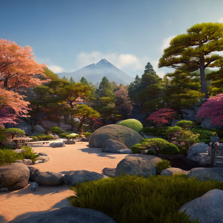 Serene Japanese Garden with Autumn Trees and Mountain Backdrop