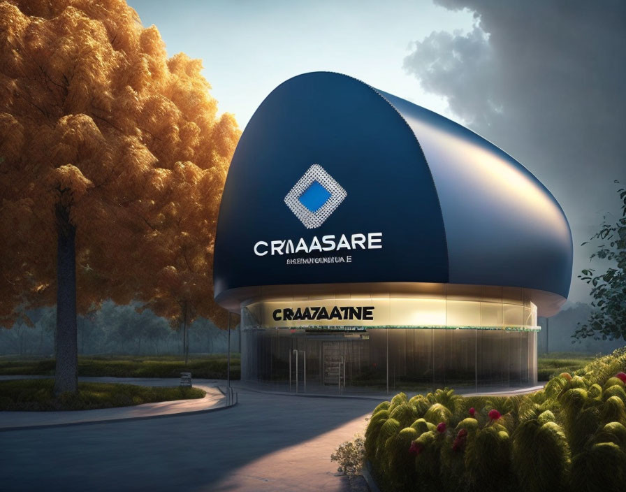 Curved dark blue roof and glass front building with "CRIAAASARE" sign against twilight