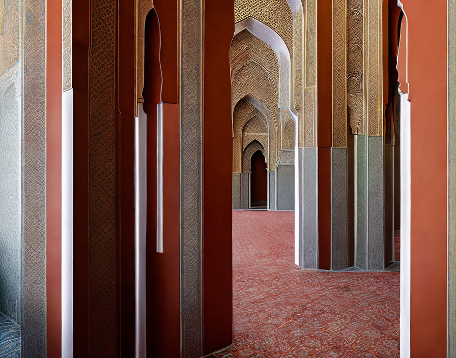 Intricate Islamic arches and patterns in a corridor with red carpeting