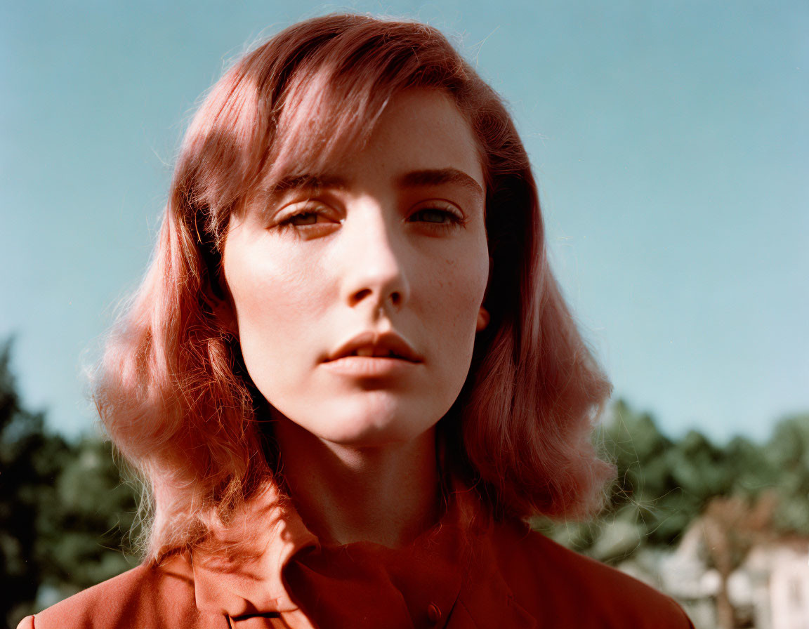 Pink-haired woman in red blouse gazes into camera outdoors under clear blue sky