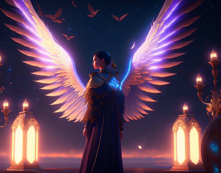 Person with luminous wings surrounded by lanterns under starry night sky