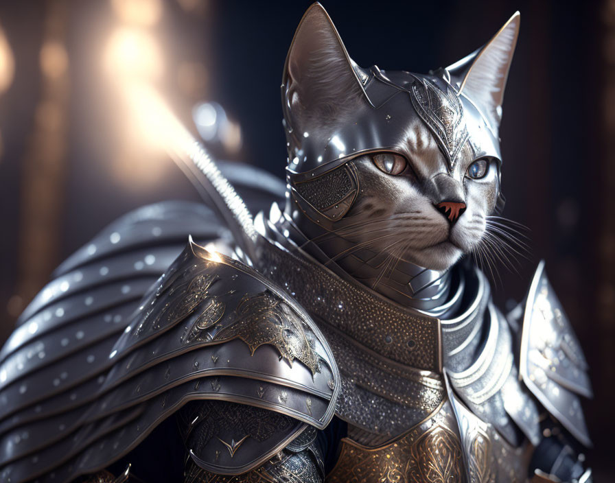 Digital artwork: Cat in lifelike fur & medieval knight armor on softly lit backdrop