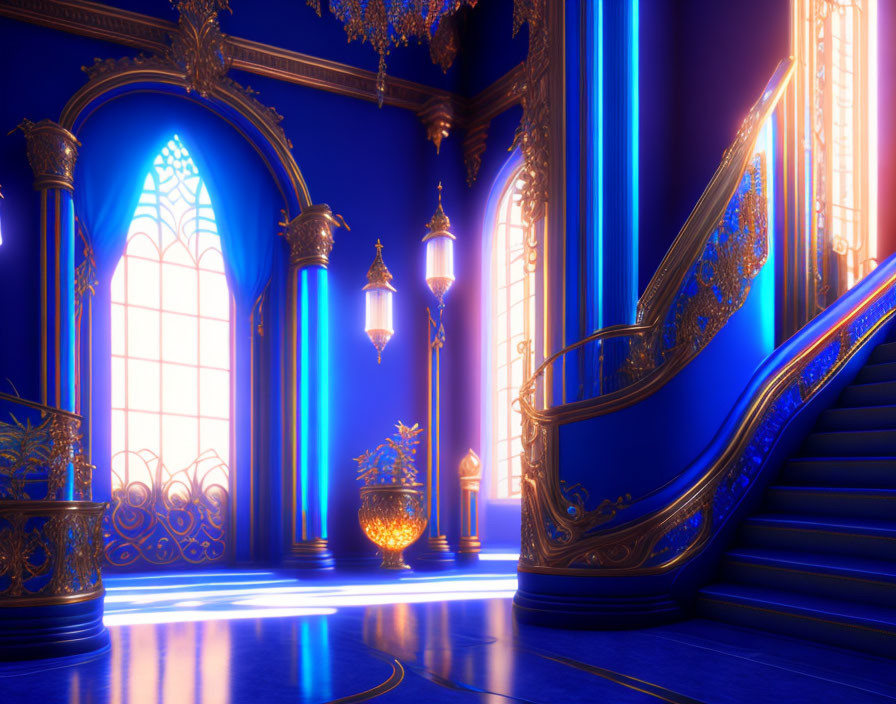 Luxurious interior with golden details, blue lighting, elegant staircase, stained-glass windows