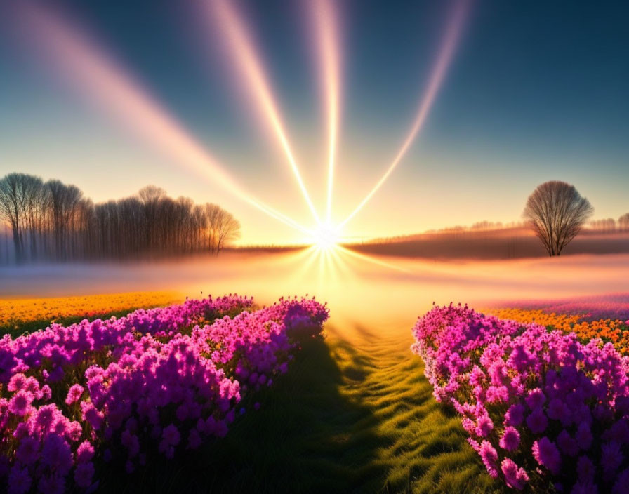 Scenic sunrise with sunbeams over purple flower field & misty treeline