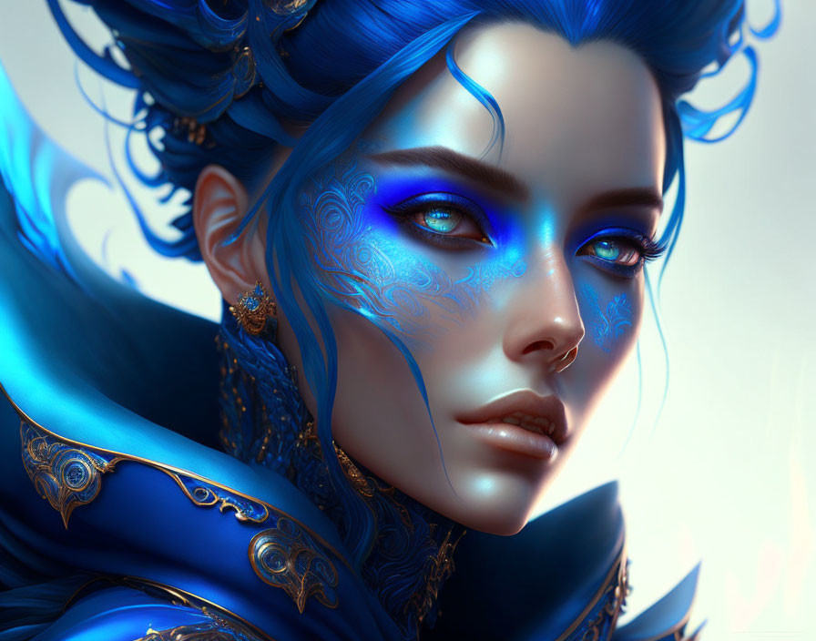 Character with Blue Skin, Facial Tattoos, Ornate Hair & Attire