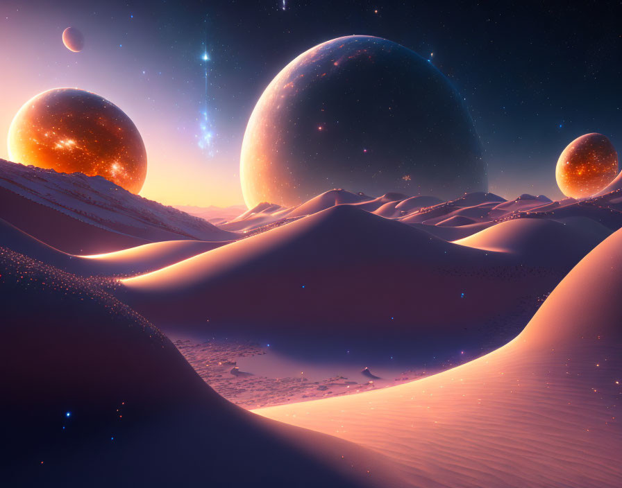 Surreal landscape with rolling sand dunes and celestial bodies