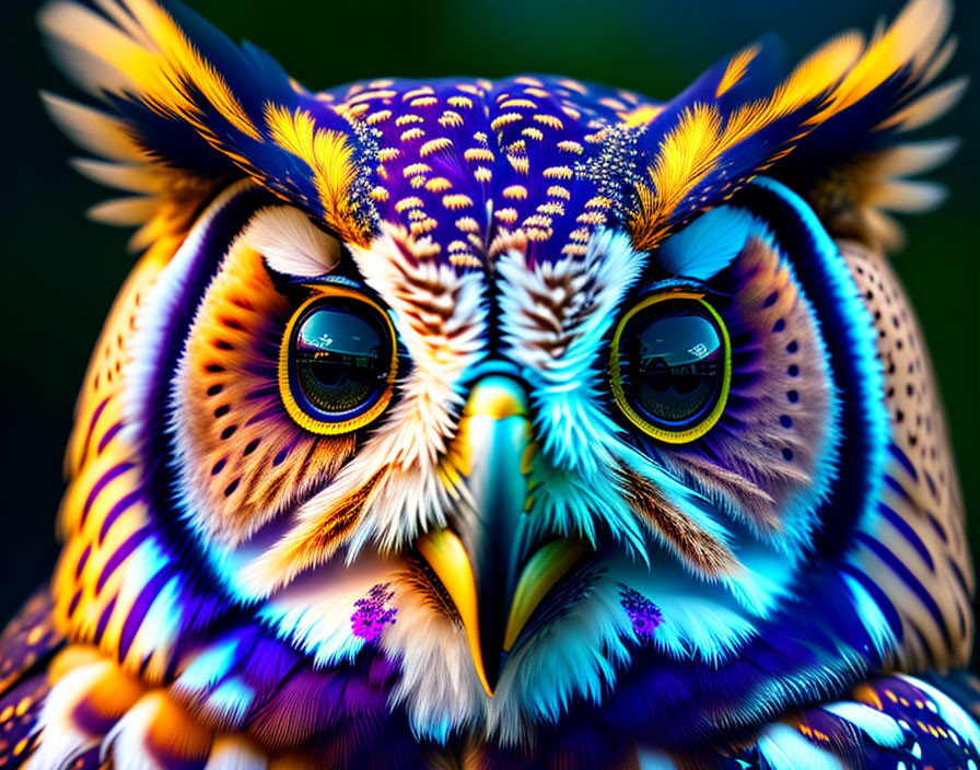 Colorful digital artwork featuring intricate owl with large eyes