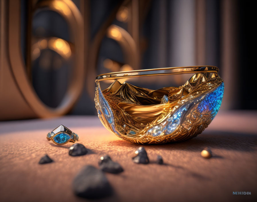 Luxurious Golden Bowl and Sapphire Ring with Black Stones on Ornate Backdrop