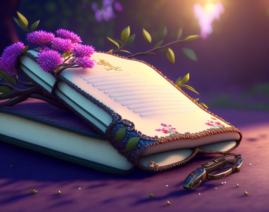 Open leather book with blank pages surrounded by purple flowers and leafy twig in twilight setting