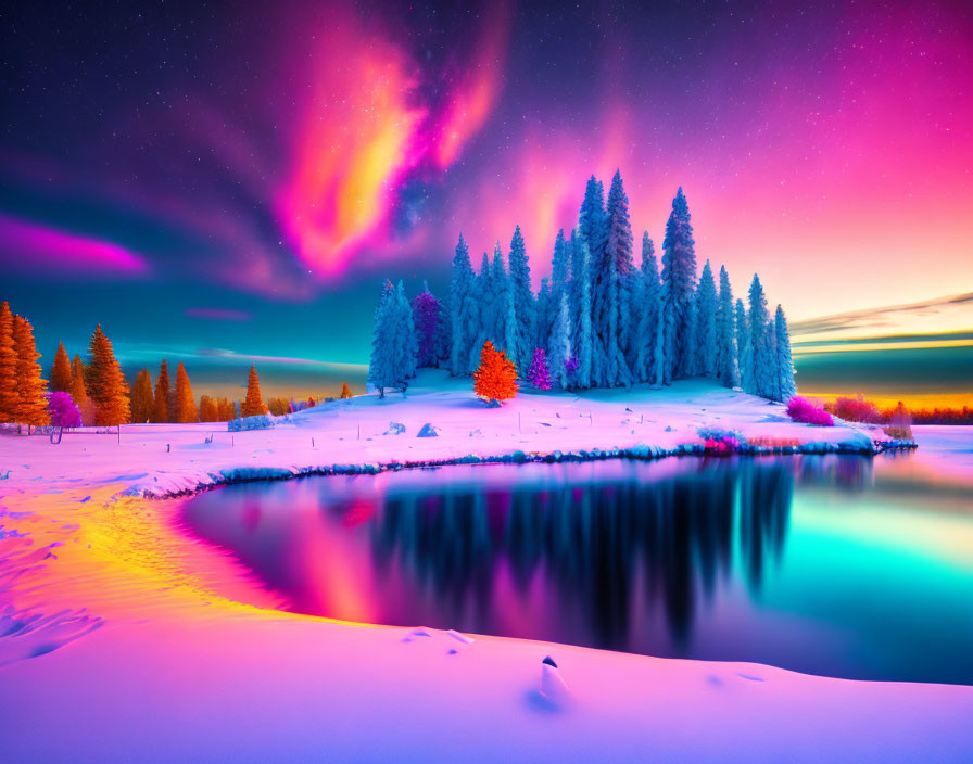 Colorful Snow-Covered Pine Island Landscape with Reflective Lake and Purple-Pink Sky