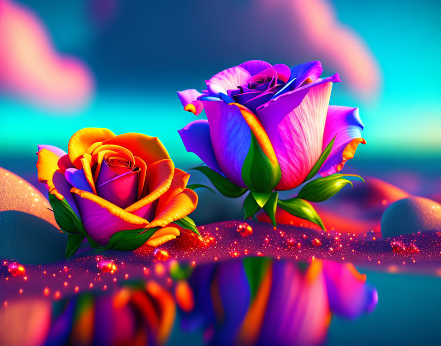 Digitally-rendered multicolor gradient roses on bokeh-lighted background