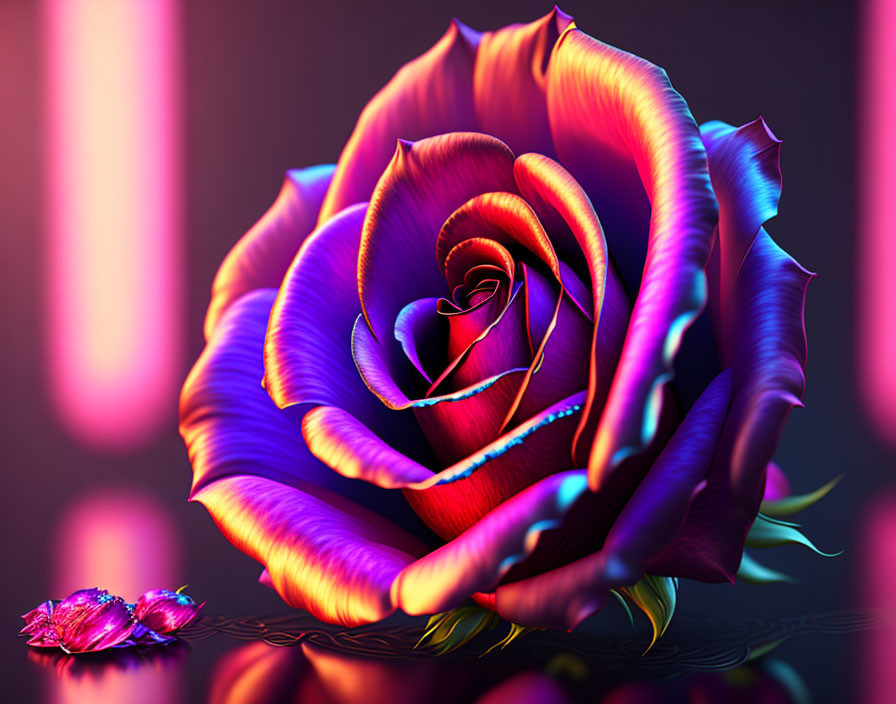 Colorful neon-lit rose on reflective surface with fallen petal