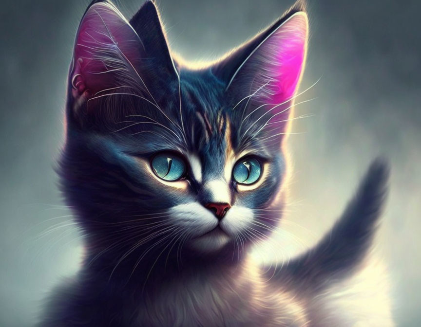 Blue-eyed long-haired cat digital artwork with prominent whiskers and illuminated ears.