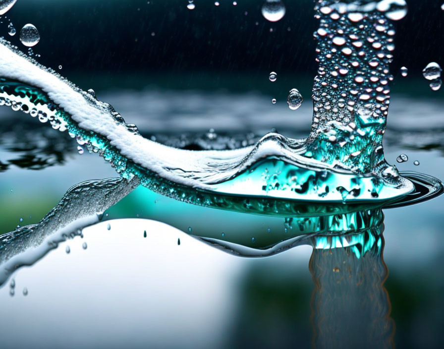 Fluid motion captured: Clear water splash with droplets, reflecting blurred greenery.