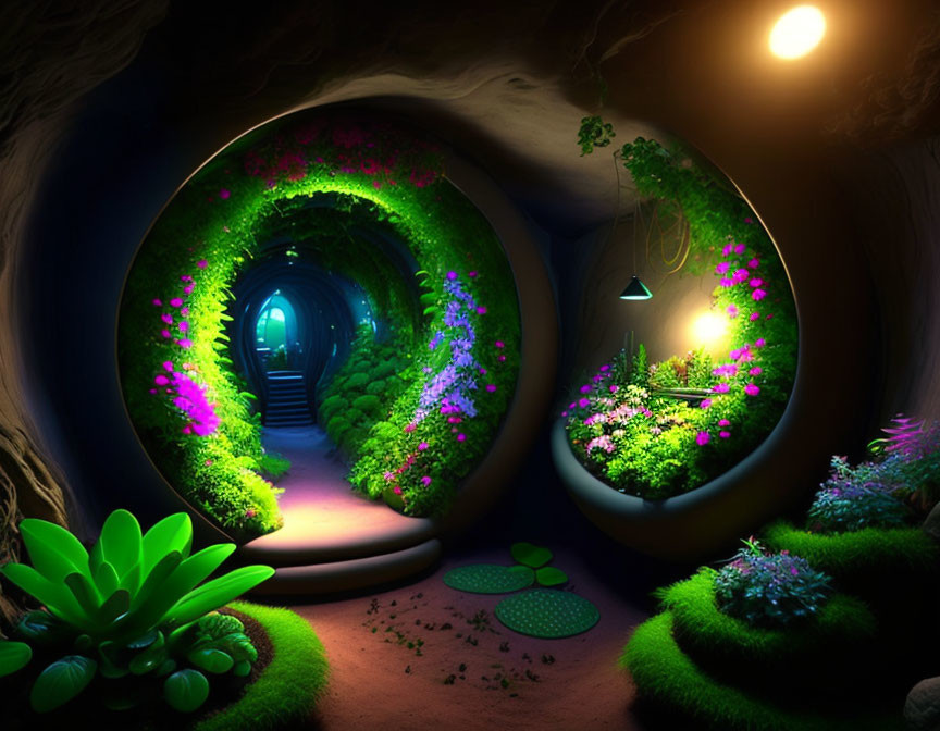 Vibrant cave with glowing plants and arched tunnel in warm light