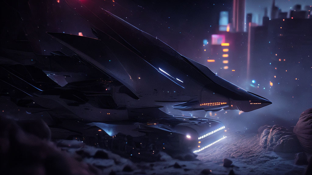 Futuristic spacecraft on snowy surface under city lights