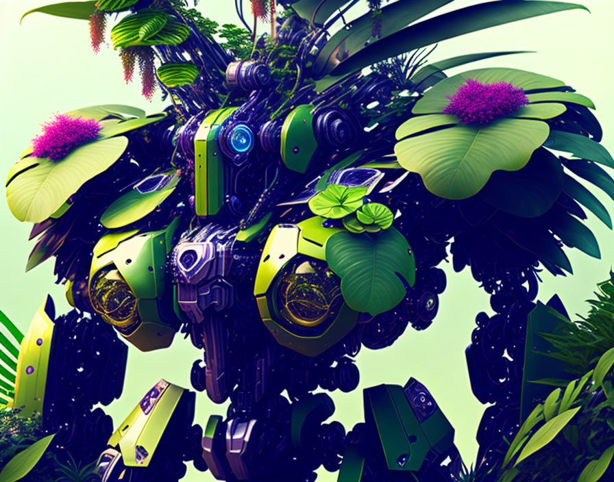 Digital artwork: Robot camouflaged in green foliage and pink flowers