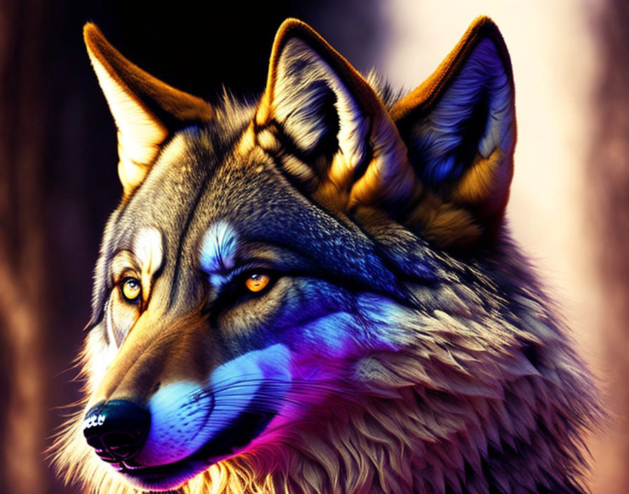 Vividly Colored Wolf Digital Art with Purple and Blue Fur Details