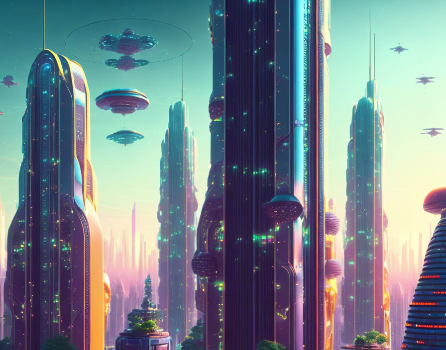 Futuristic cityscape with skyscrapers, flying vehicles, and floating platforms