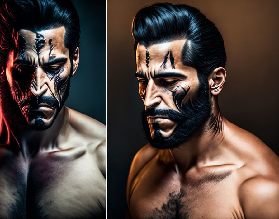 Diptych of Man with Half Face Painted as Superhero or Villain, Contrasting Light