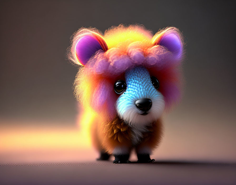 Colorful stylized illustration of small furry creature with rainbow mane on gradient background