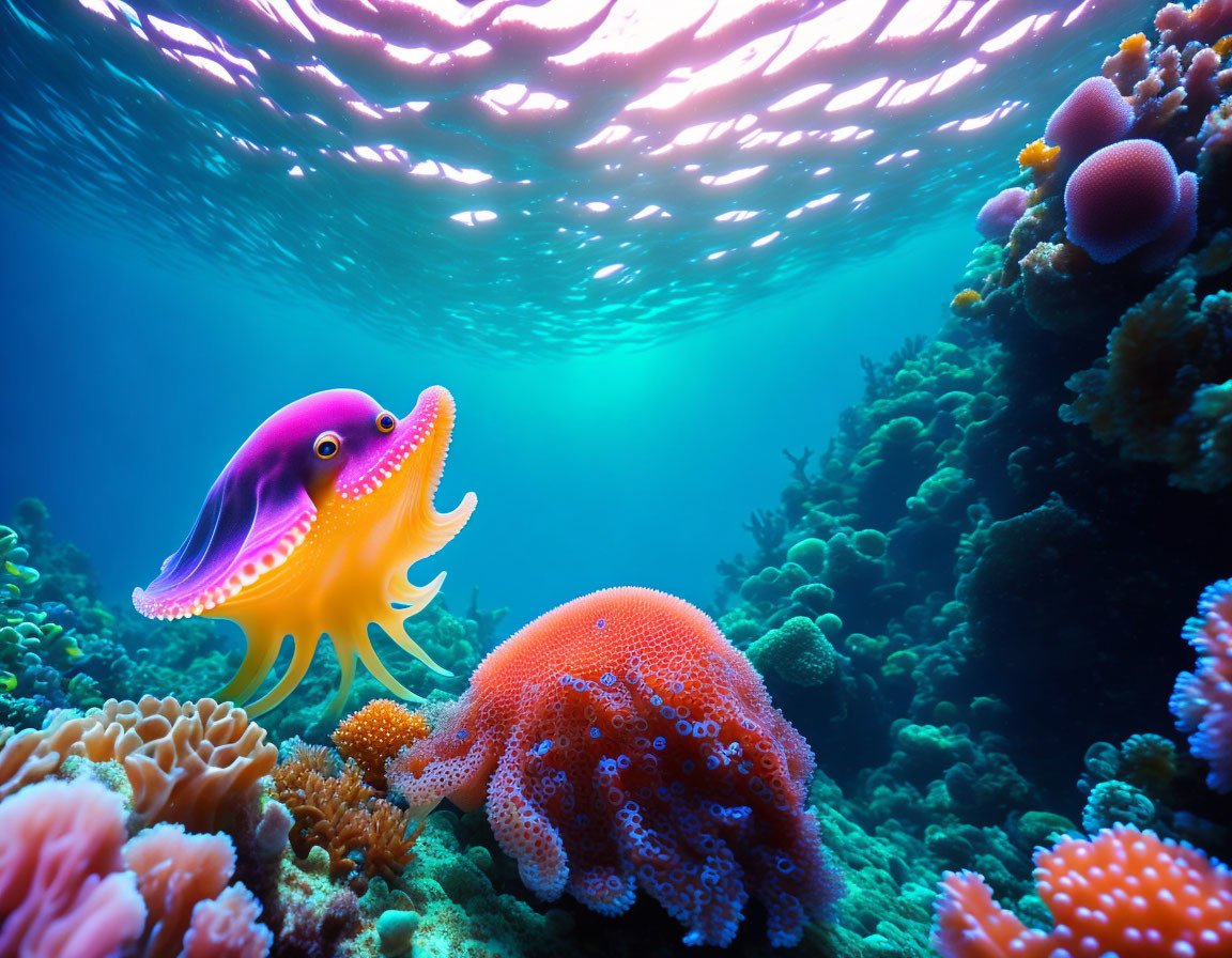 Colorful Squid Swimming Over Vibrant Coral Reef in Soft Underwater Light