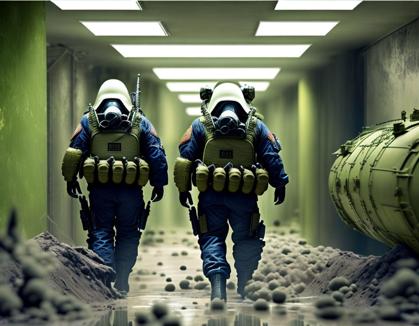 Hazmat-suited Figures with Gas Masks and Rifles in Debris-filled Corridor