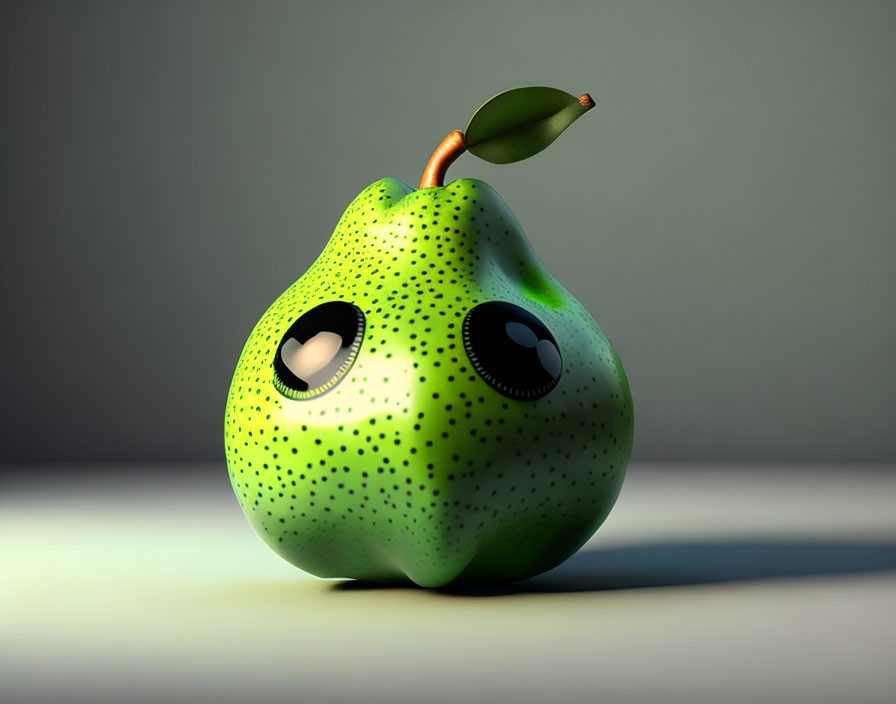 Green pear with cartoon eyes and leaf on gray surface blending surrealism and still life