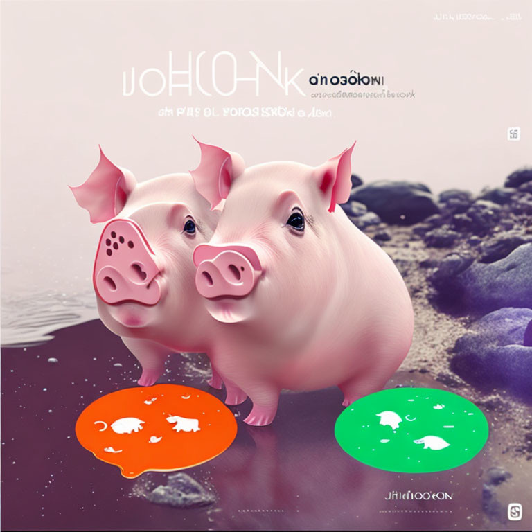 Colorful Cartoon Pigs Beside Whimsical Puddles in Dreamy Setting