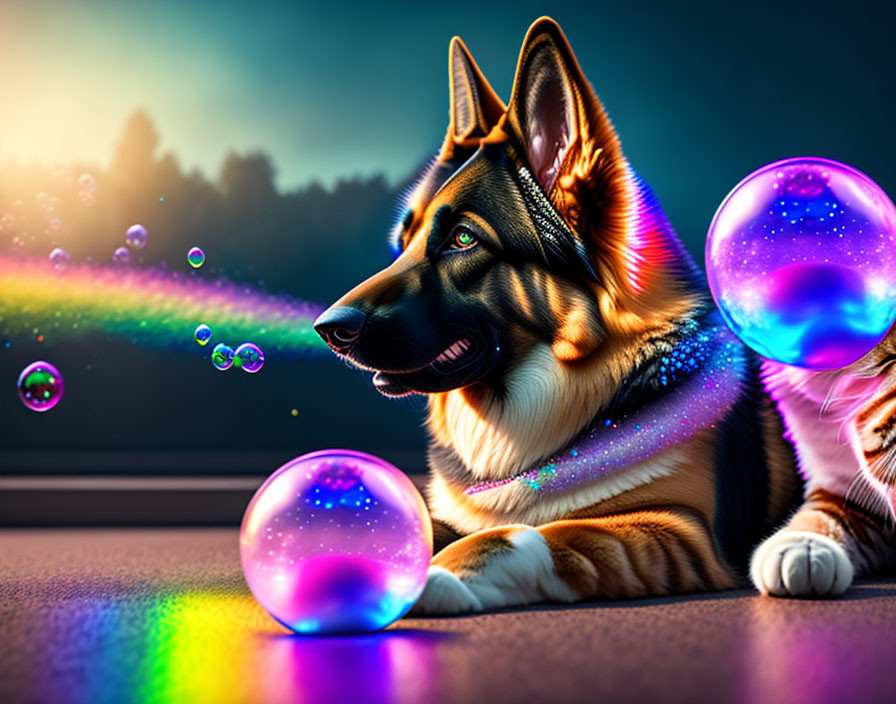 German Shepherd gazing at vibrant bubbles in twilight landscape