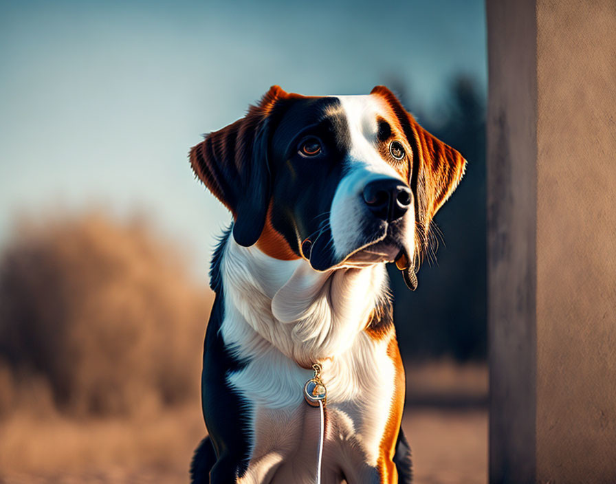 Tricolor dog on leash under warm sunlight