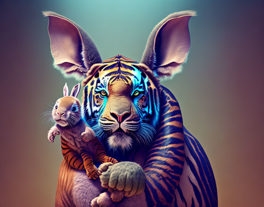 Whimsical digital artwork: Tiger with oversized ears and kangaroo in surreal backdrop