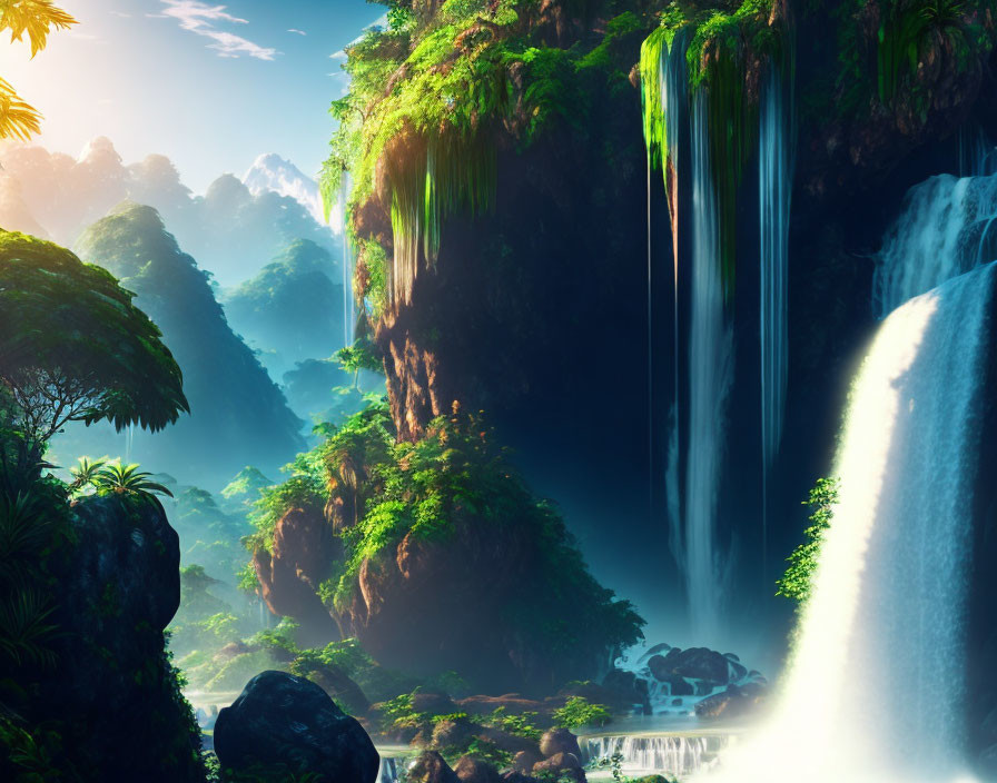 Tranquil Tropical Waterfall Amid Lush Greenery