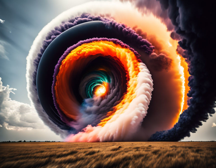 Multicolored vortex over golden field under cloudy sky