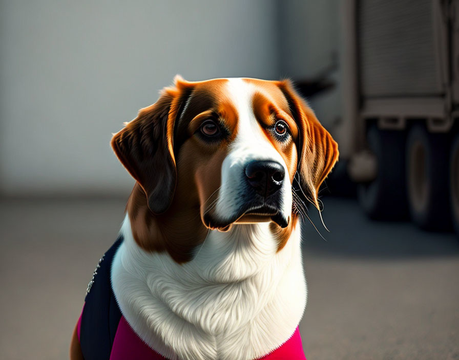 Tri-Colored Dog with Brown Eyes in Blue and Pink Vest Curiously Looking at Camera