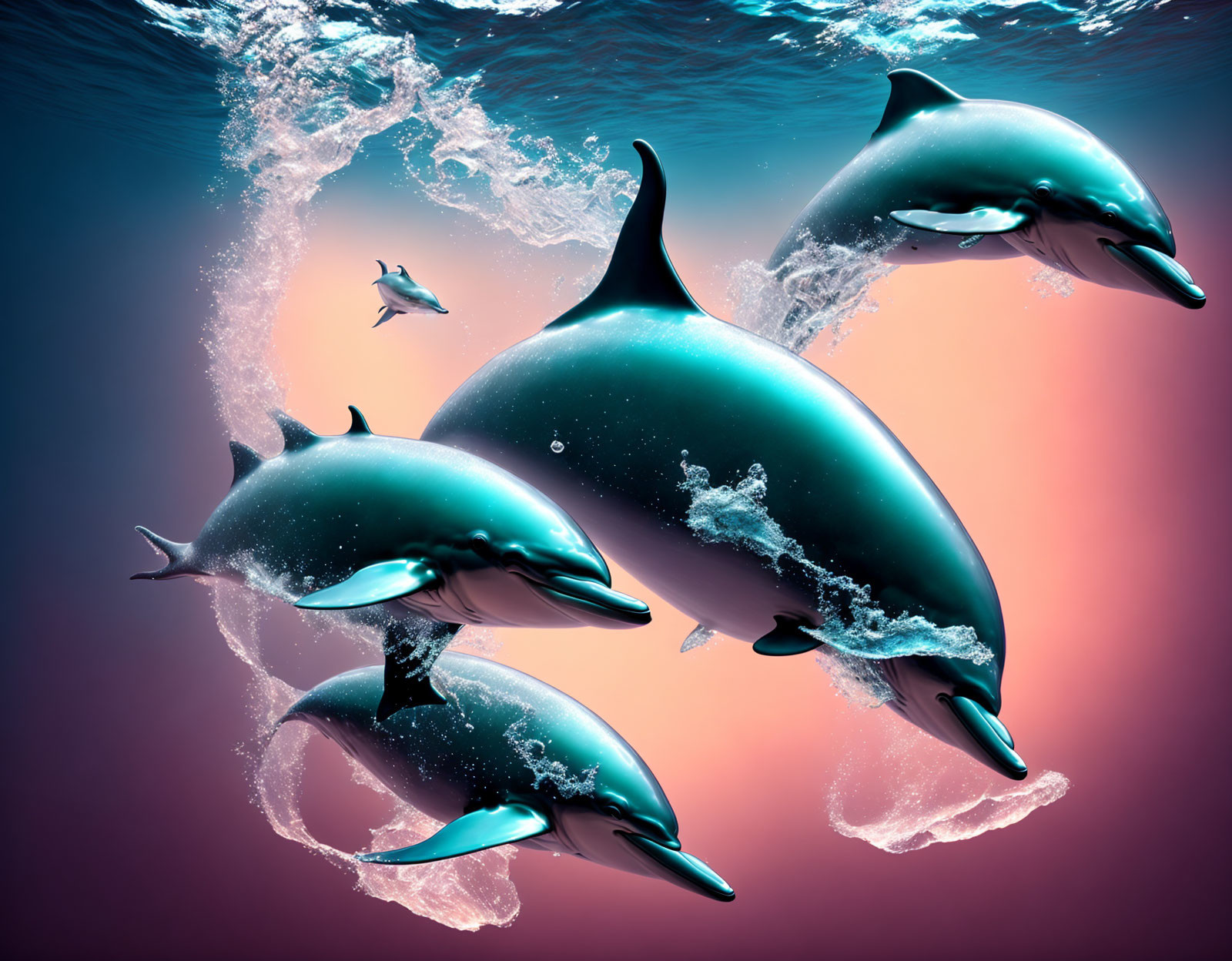 Dolphins leaping with water splashes on vibrant background