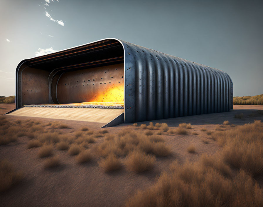 Curved Metal Hangar Structure in Desert Landscape