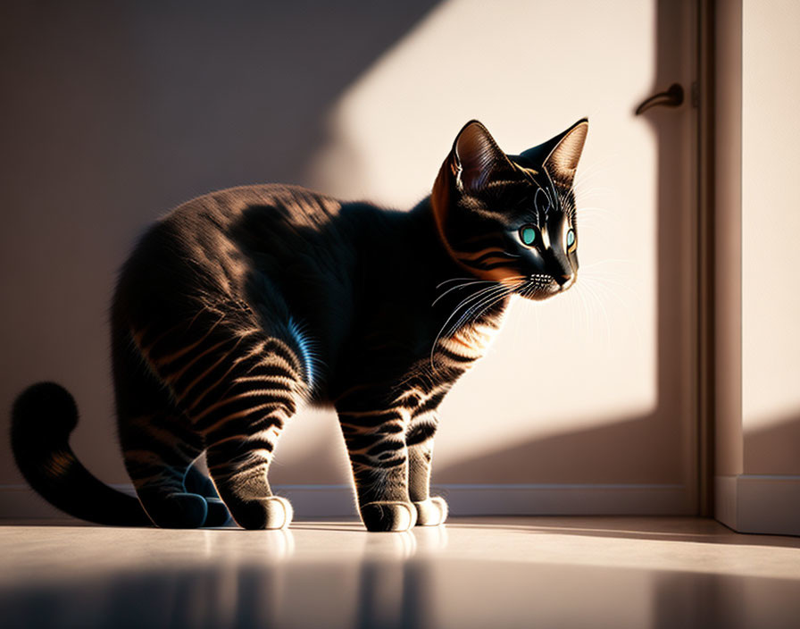 Striped cat in sunlit room with bold shadows and door ajar