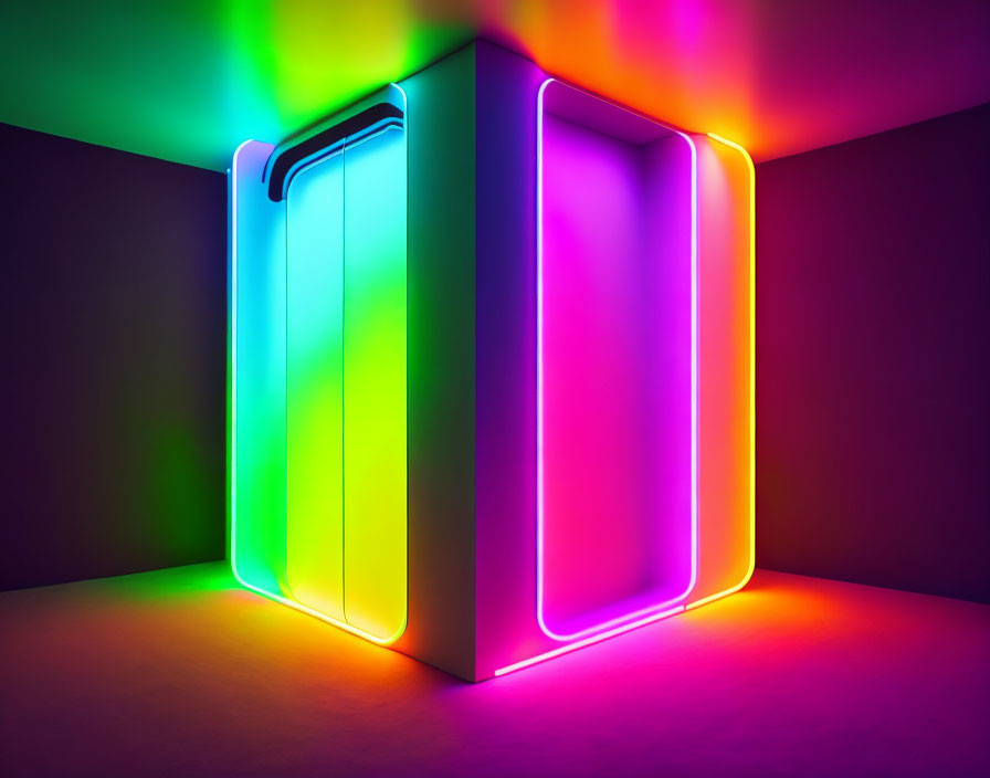 Vibrant neon lights outline cube shape in dark room