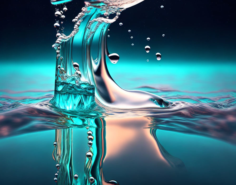 Vibrant blue water splash with suspended droplets on teal background