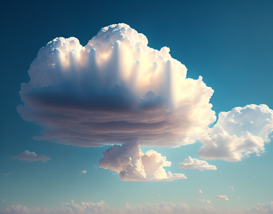 Fluffy cumulus cloud in serene blue sky with smaller clouds scattered.