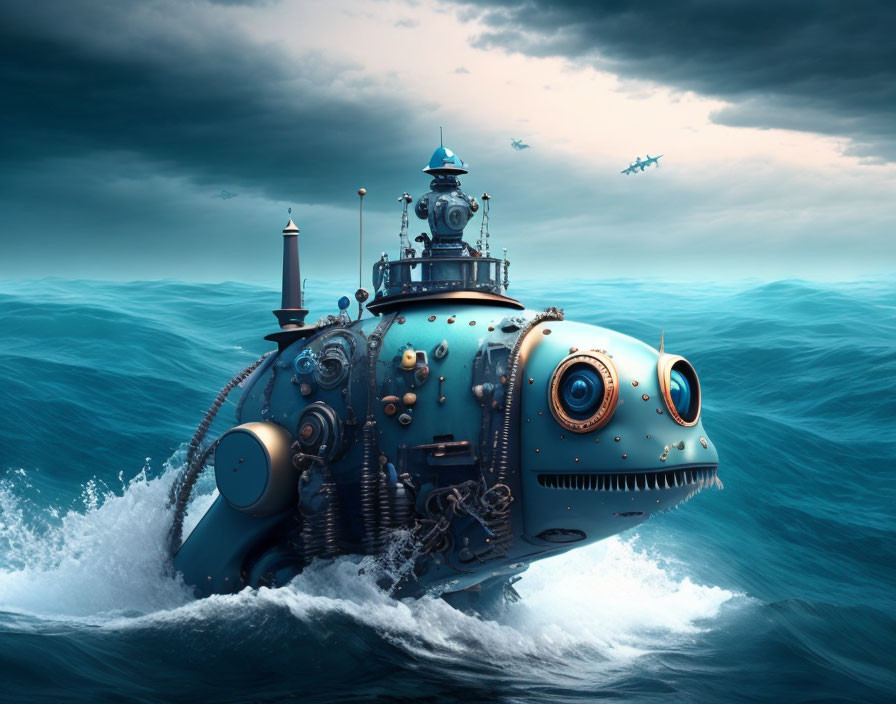 Whimsical fish-themed submarine emerges from ocean depths