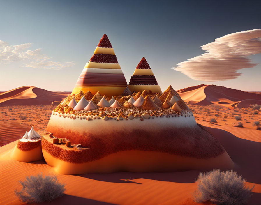 Layered cake-like desert landscape with frosting and sprinkles, sand dunes, and wispy clouds