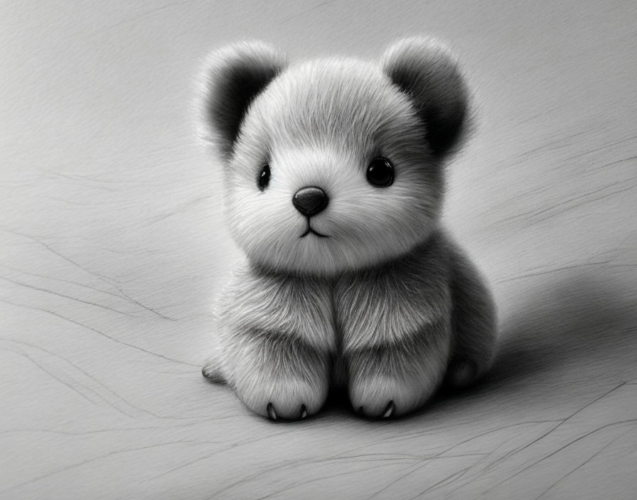 Adorable fluffy cartoon bear cub illustration in grayscale