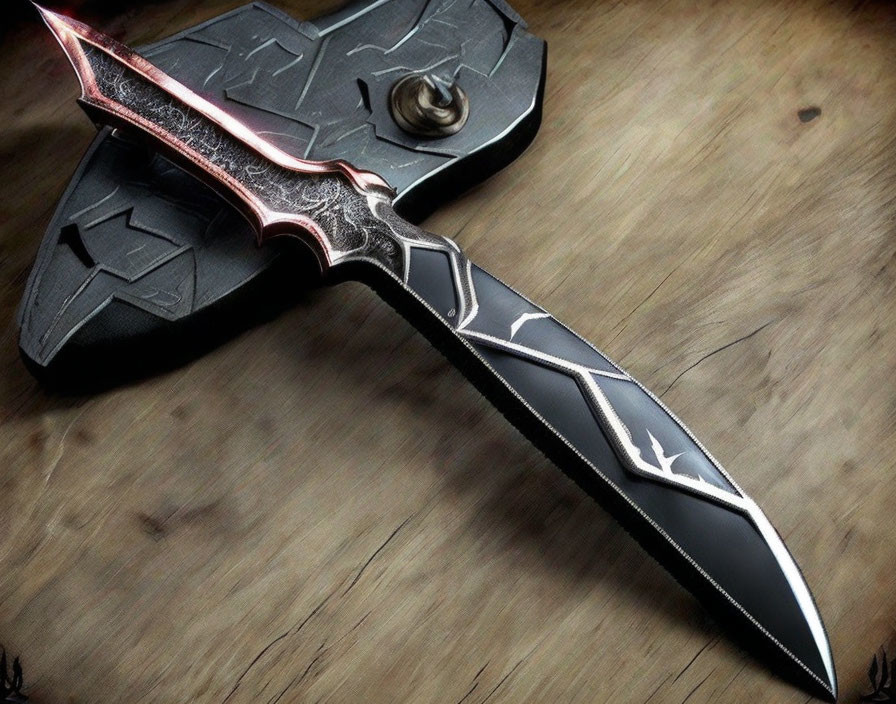 Intricate Black and Silver Fantasy Dagger with Glowing Red Accents