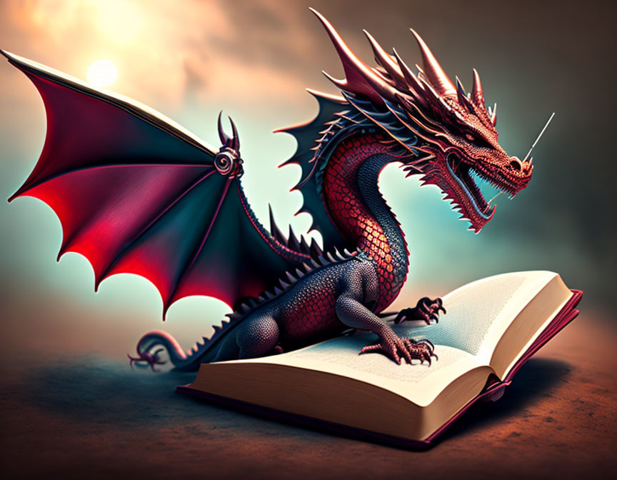 Vivid red-winged dragon on open book with mystical background.