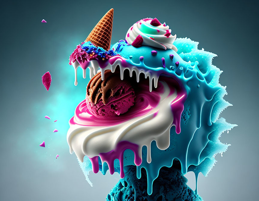 Colorful digital artwork: Melting ice cream cone in blue and pink with dynamic drips on grey