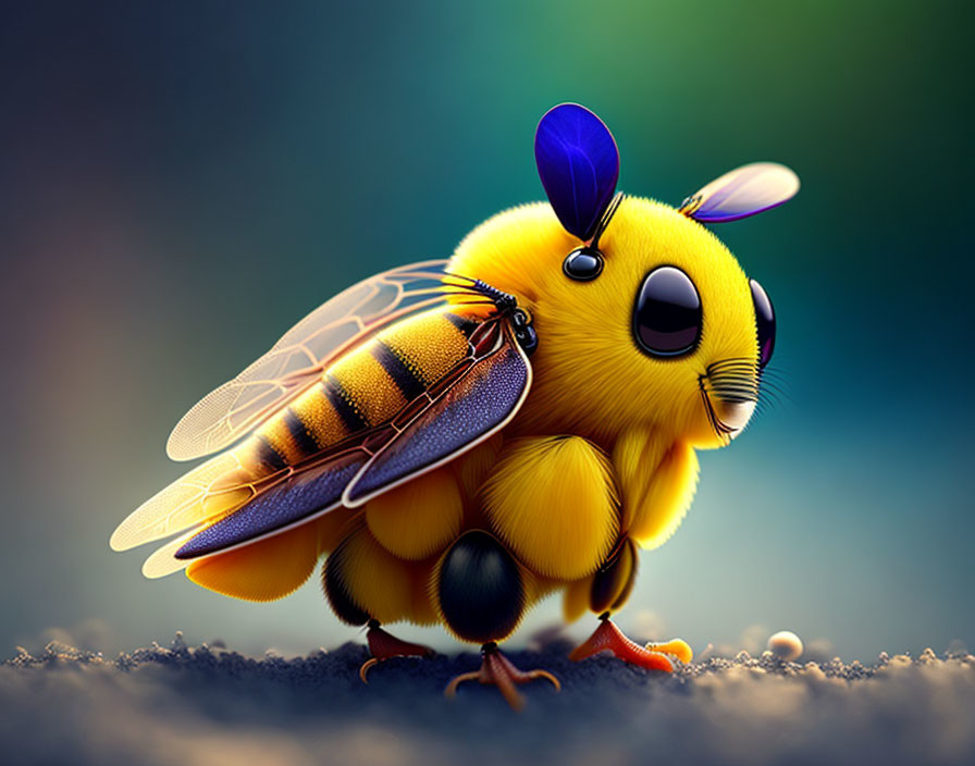 Illustration of stylized bee with exaggerated features on soft-focus background